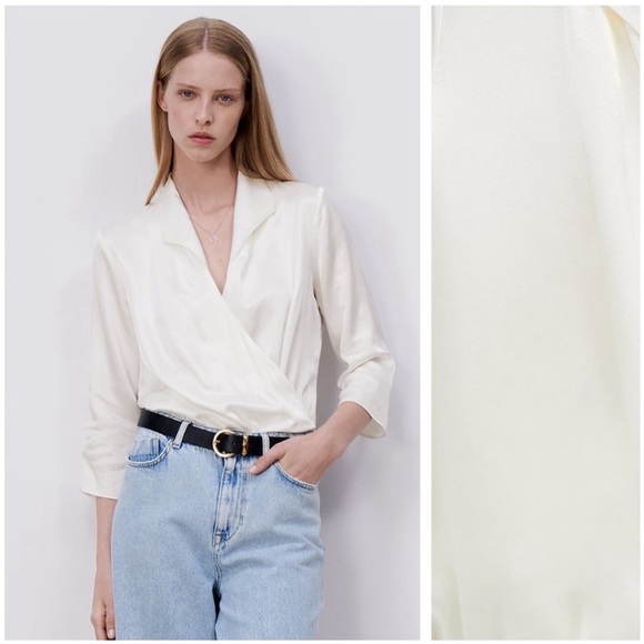 Zara White Satin Effect Bodysuit with Crossover V-neckline - Picture 2 of 5